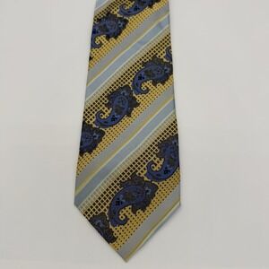 Riccardi Silk Necktie Blue Gold Paisley Stripe Classic Wide Designer Italy 59x4